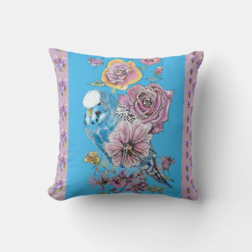 Blue Budgie Watercolor Lilac floral Decor Cushion