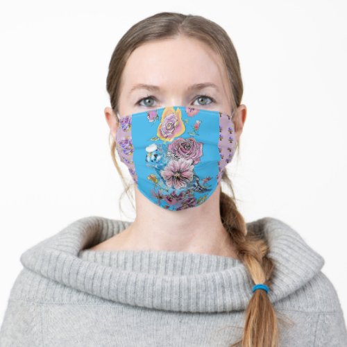 Blue Budgie Watercolor Lilac floral Facemask Adult Cloth Face Mask