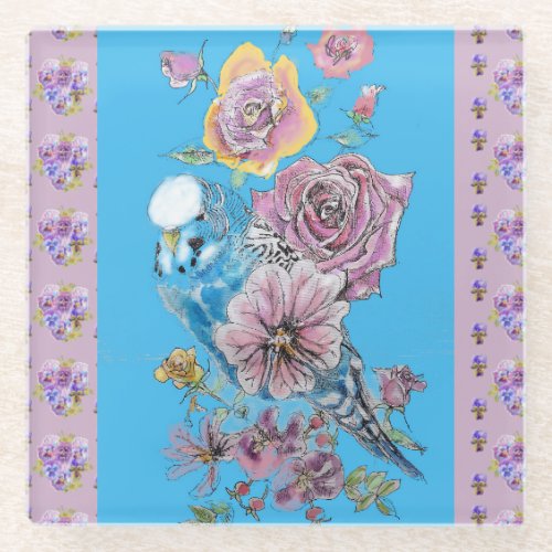 Blue Budgie Watercolor Lilac floral Glass Coaster