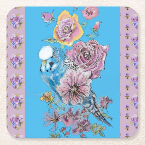 Blue Budgie Watercolor Lilac floral Paper Coaster