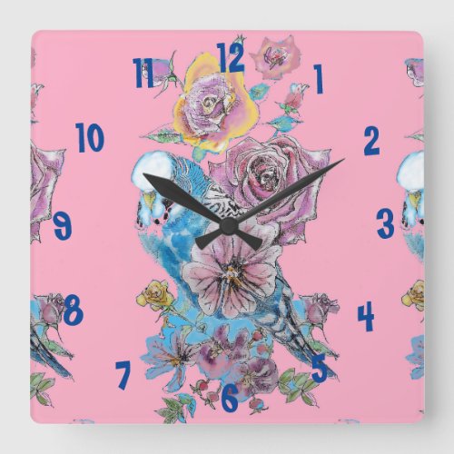 Blue Budgie Watercolor Pink Womans Office Clock