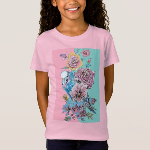 Blue Budgie Watercolor Red Roses floral art Girls T_Shirt