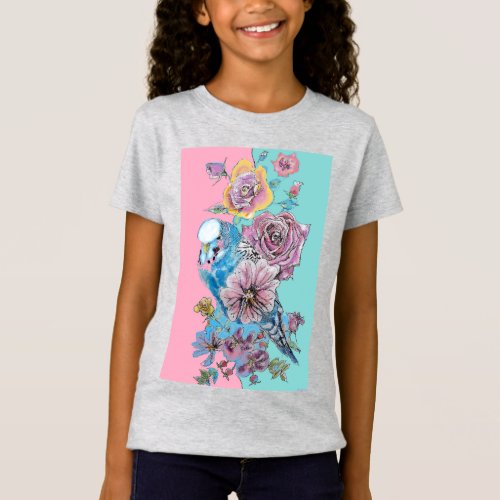 Blue Budgie Watercolor Red Roses floral art Girls  T_Shirt