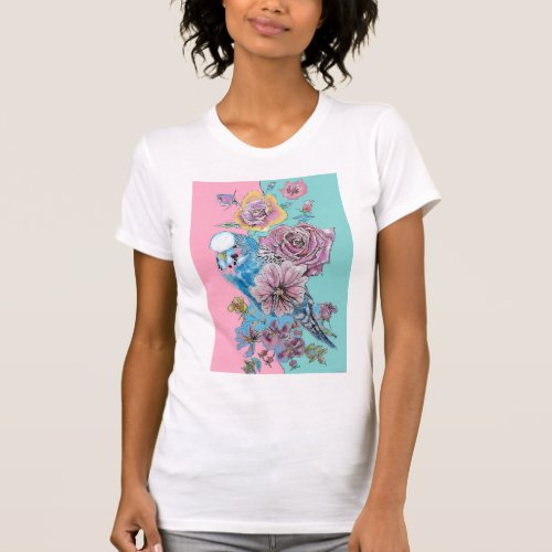Blue Budgie Watercolor Red Roses floral art  T_Shi T_Shirt