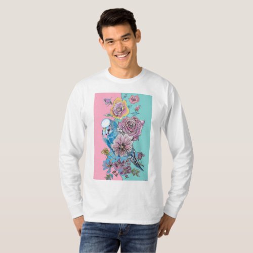 Blue Budgie Watercolor Red Roses floral art  T_Shirt