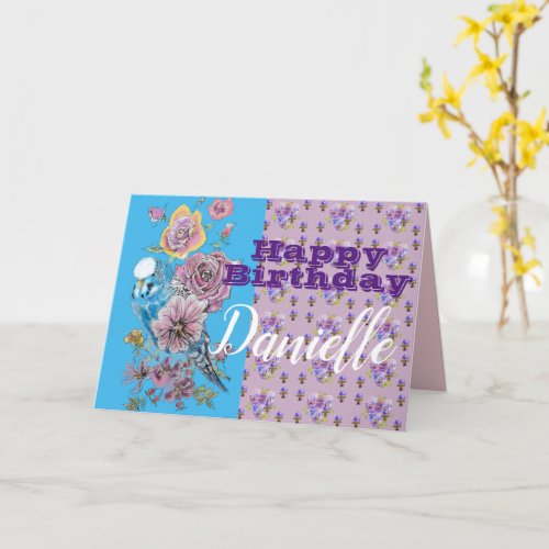 Blue Budgie Watercolor rose floral Birthday Card