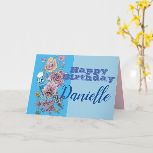 Blue Budgie Watercolor rose floral Birthday Card