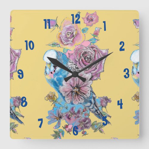 Blue Budgie Watercolor Yellow Womans Office Clock