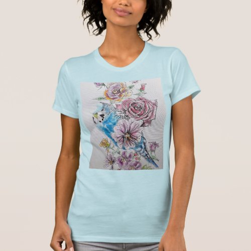 Blue Budgie With Roses Watercolour Womans T Shirt