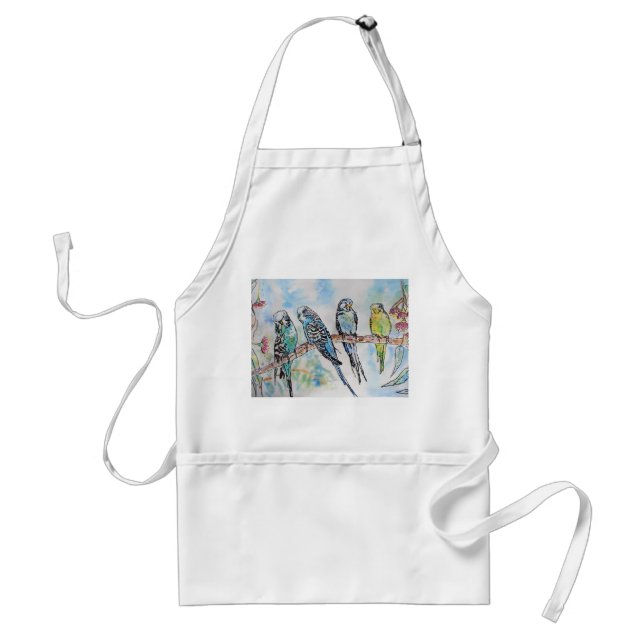 Blue Budgies Sitting Watercolour Kitchen Apron (Front)
