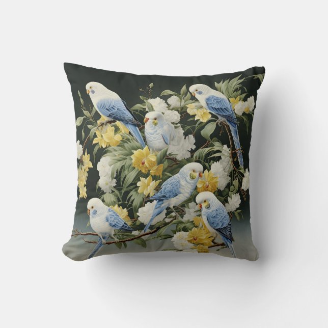 Blue Budgies Throw Pillow (Front)
