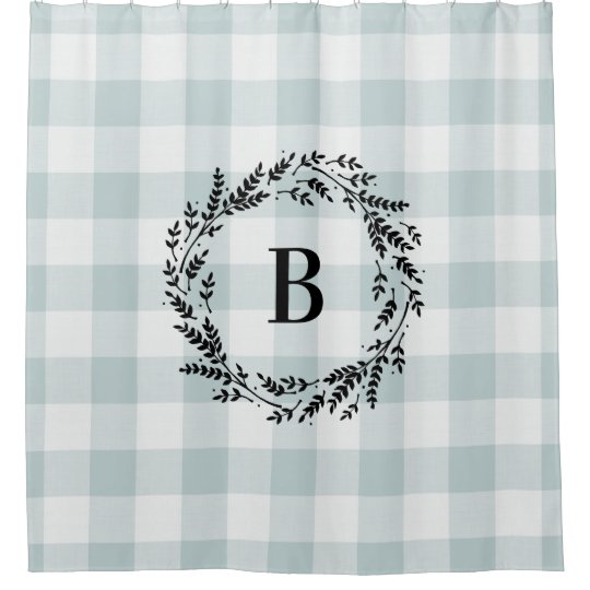 Blue Buffalo Check Monogram Farmhouse Bathroom Shower Curtain