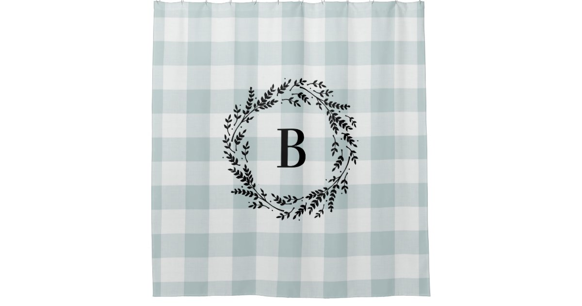 Blue Buffalo Check Monogram Farmhouse Bathroom Shower Curtain