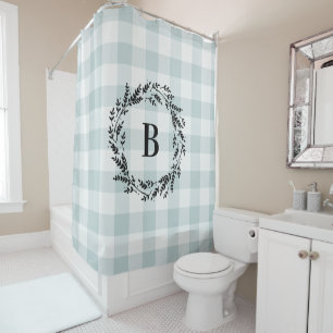 Blue Buffalo Check Monogram Farmhouse Bathroom Shower Curtain