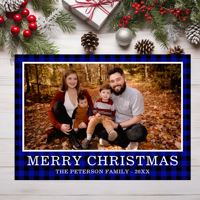 Blue Buffalo Check Photo Holiday Card (Creator Uploaded)