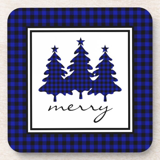Blue Buffalo Check Pine Trees Beverage Coaster (Front)