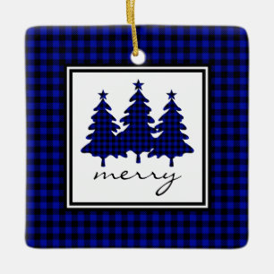 Blue Buffalo Check Pine Trees Ceramic Ornament
