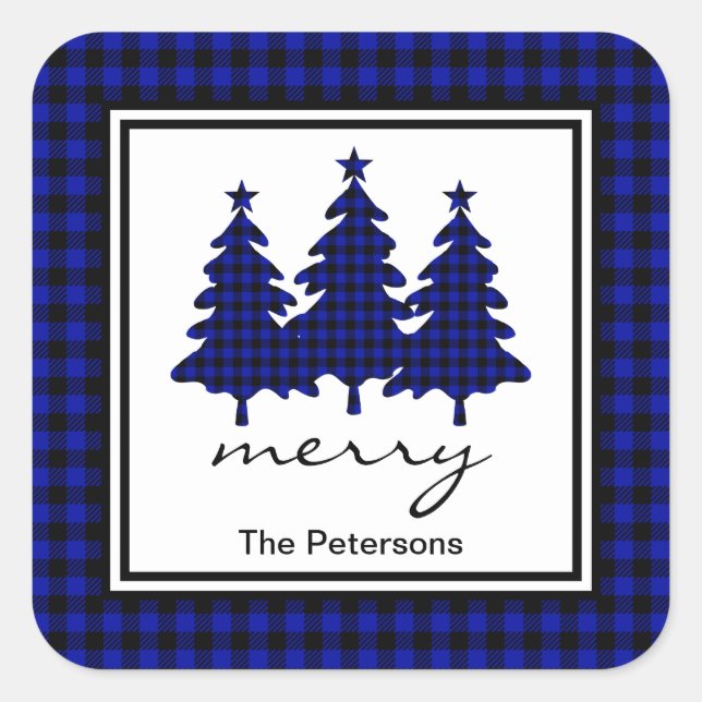 Blue Buffalo Check Pine Trees Personalized Square Sticker (Front)