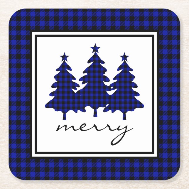 Blue Buffalo Check Pine Trees Square Paper Coaster (Front)