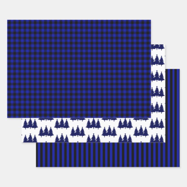 Blue Buffalo Check Pine Trees Stripes Christmas Wrapping Paper Sheets (Set)