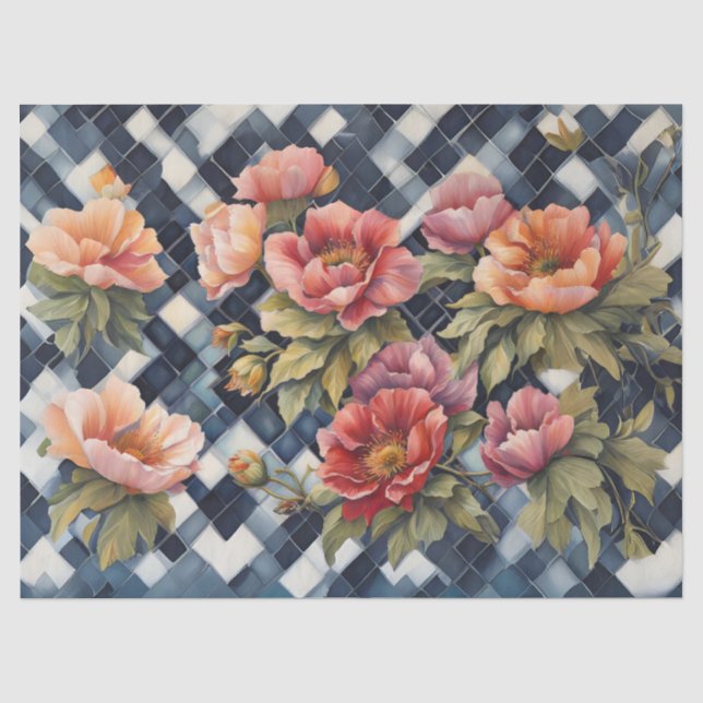 Blue Buffalo Check with Large Pink Flowers decoupa Tissue Paper (Front)