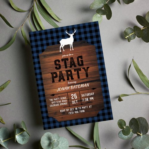 Blue Buffalo Check  Wood Stag Party Invitation