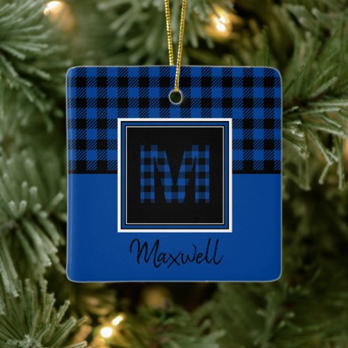 Blue Buffalo Plaid and Black Monogram and Name Ceramic Ornament