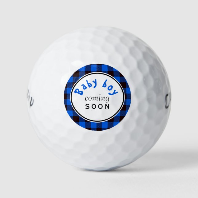 Blue Buffalo Plaid Baby Boy Coming Soon Golf Balls (Front)