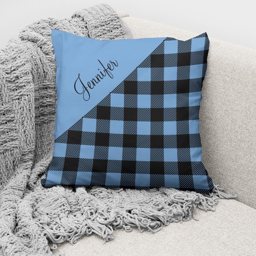 Blue Buffalo Plaid Check Pattern Custom Name Throw Pillow