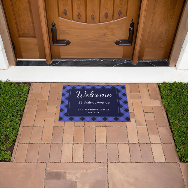 Blue Buffalo Plaid Check Patterned Personalized Doormat (Outdoor)