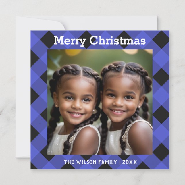 Blue Buffalo Plaid Check Photo Christmas Flat Holiday Card (Front)