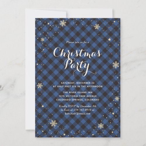 Blue Buffalo Plaid Christmas Party Invitations