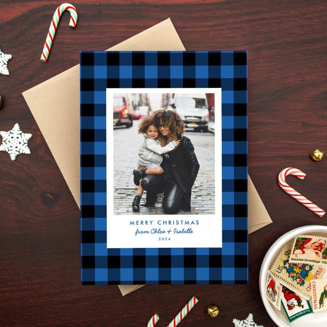 Blue Buffalo Plaid Christmas Single Photo Holiday Card (Creator Uploaded)