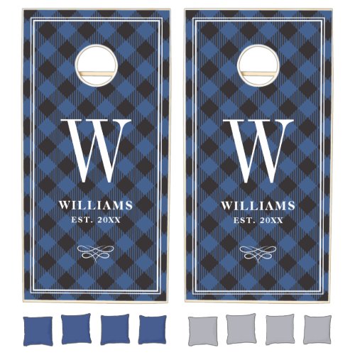 Blue Buffalo Plaid Family Name Monogram Christmas Cornhole Set