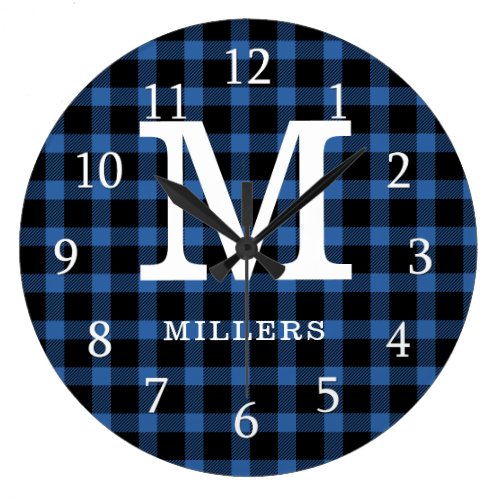 Blue Buffalo Plaid Family Name Monogram Large Clock