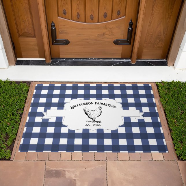Blue Buffalo Plaid Farm Chicken Doormat (Outdoor)