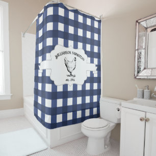 Blue Buffalo Plaid Farm Chicken Shower Curtain