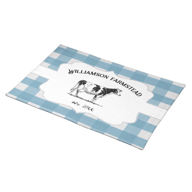 Blue Buffalo Plaid Farm Cow Cloth Placemat (On Table)