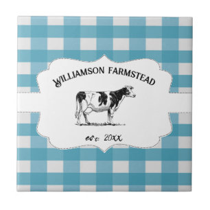 Blue Buffalo Plaid Farm Cow Decorative Ceramic Tile