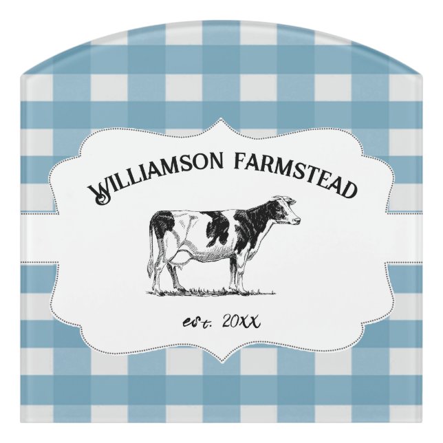 Blue Buffalo Plaid Farm Cow Door Sign (Contour Front)