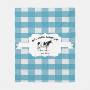 Blue Buffalo Plaid Farm Cow Fleece Blanket