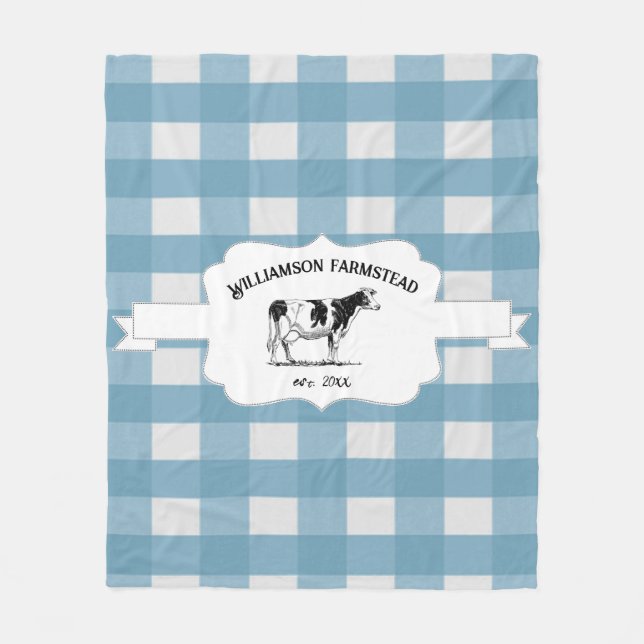 Blue Buffalo Plaid Farm Cow Fleece Blanket (Front)