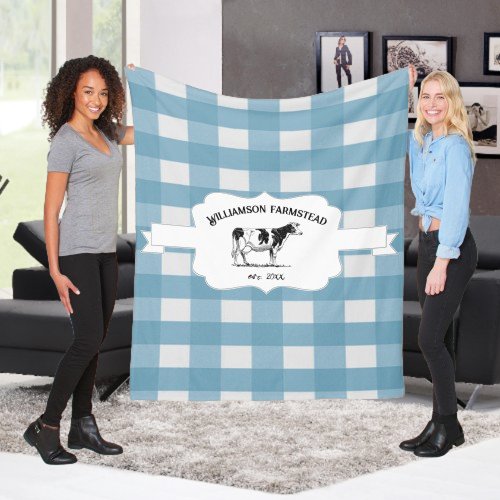 Blue Buffalo Plaid Farm Cow Fleece Blanket