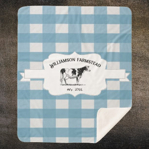 Blue Buffalo Plaid Farm Cow Sherpa Blanket