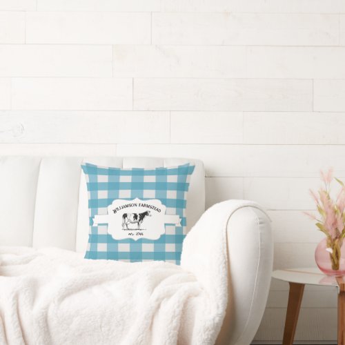 Blue Buffalo Plaid Farm Cow Throw Pillow