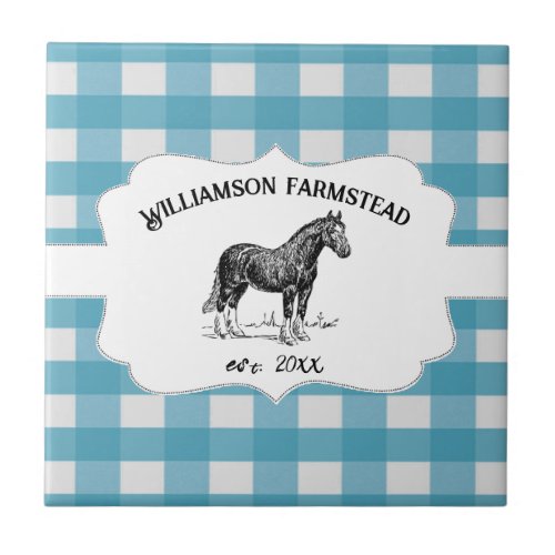 Blue Buffalo Plaid Farm Horse Decorative Ceramic Tile