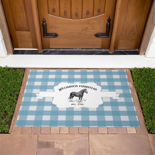Blue Buffalo Plaid Farm Horse Doormat (Outdoor)