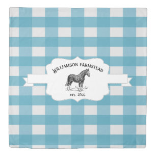 Blue Buffalo Plaid Farm Horse Duvet Cover