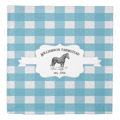 Blue Buffalo Plaid Farm Horse Duvet Cover