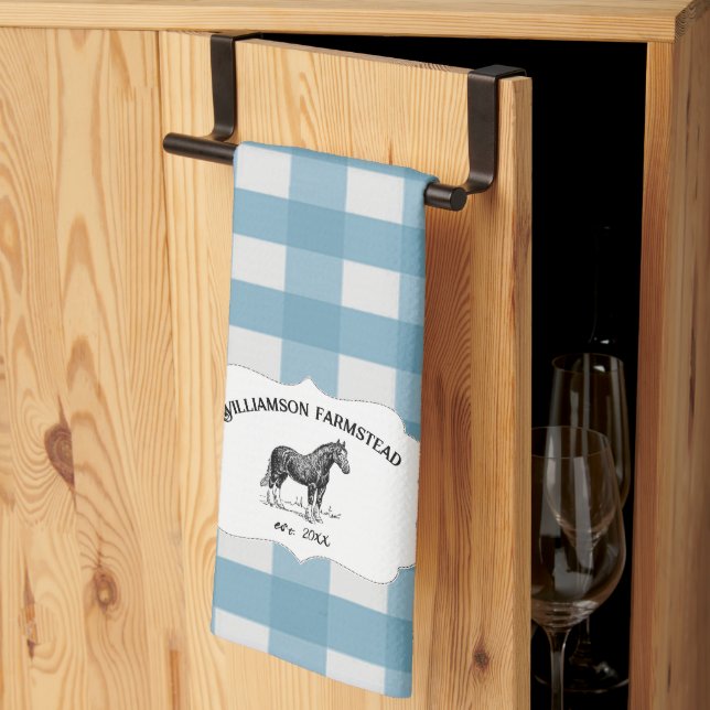 Blue Buffalo Plaid Farm Horse Kitchen Towel (Thirds Fold)